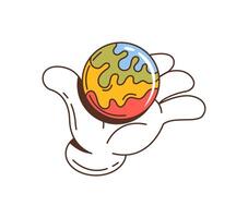 Retro groovy hand holding colorful earth globe vector