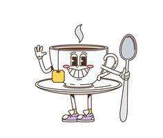 Retro cartoon groovy breakfast tea cup character vector
