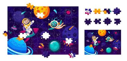 Kid astronaut in outer space, jigsaw puzzle game vector