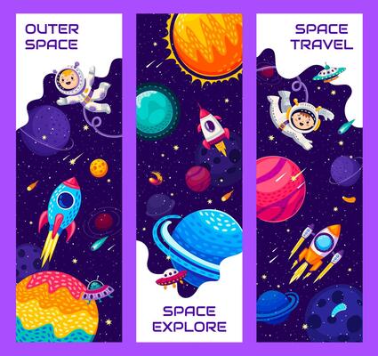 Space travel banners with kid astronaut characters