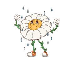 Cartoon groovy daisy flower character in the rain vector