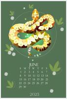 Calendar for June 2025 Polygonal snake in summer on a green background. Business poster, planning the days of the week and month. Wall Calendar for print vector