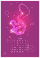 Calendar for July 2025 Polygonal snake symbol summer on pink background. Business poster, planning the days of the week and month. Wall Calendar for print vector