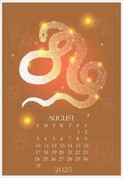 Calendar for August 2025 Polygonal snake in summer desert background. Business poster, planning the days of the week and month. Wall Calendar for print poster. vector