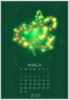 Calendar 2025 March month with illustration shining polygonal snake, modern stylish green banner, a separate planer sheet. Spring one month design vector
