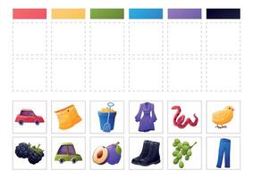 Logical educational game for children, toddlers to learn colors. Matching pictures by color. printable template, workbook. vector