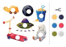 Educational children's patch game. Learning basic colors, cutting and gluing applique, activity page. Set of isolated cartoon toys. vector