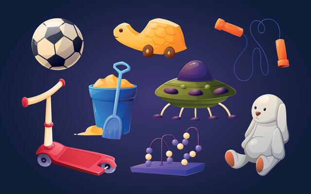 Multi-colored variety of children's toys. Set of isolated cartoon illustrations for kids game.