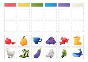 Logical educational game for children, toddlers to learn colors. Matching pictures by color. printable template, workbook. vector