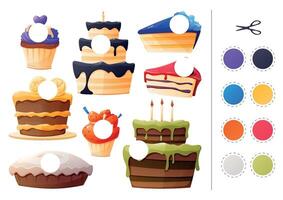 Educational children's patch game. Learning basic colors, cutting and gluing applique, activity page. Set of isolated cartoon sweets, cakes and pie. vector
