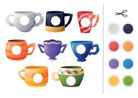 Educational children's patch game. Learning basic colors, cutting and gluing applique, activity page. Set of isolated cartoon cups and mugs. vector