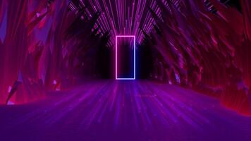 3d abstract background with neon light moving forward. On both sides of the road are polygon shaped stone bars. and a meteor shower from the sky video