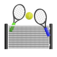 3D render racket, ball and net tennis icon illustration. Isolated on transparent background png