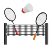 3D render racket, shuttlecock and net badminton icon illustration. Isolated on transparent background png