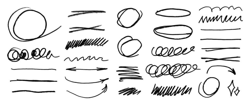 Crayon brush stroke underline arrows set. Grunge creative text decoration.