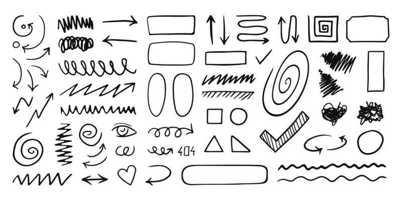 Set of freehand doodles, arrows, different signs and symbols, graphic design decorations.