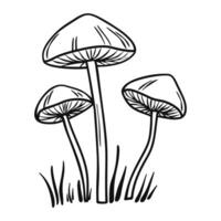 Ink sketch of psychedelic mushrooms the grass isolated on white background. Poisonous toadstool. Minimalist line art vector