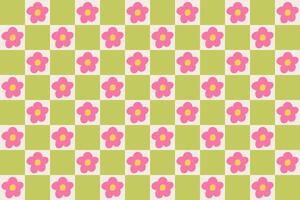 Groovy retro pattern with pink daisy flowers on beige and green checkered background. Abstract colorful design in 70s-80s style vector