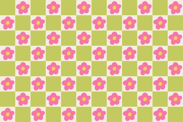Groovy retro pattern with pink daisy flowers on beige and green checkered background. Abstract colorful design in 70s-80s style