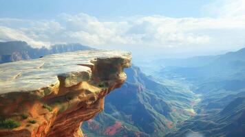 Edge of a mountain with rock on top, cliff and valley below realistic wallpaper motion video