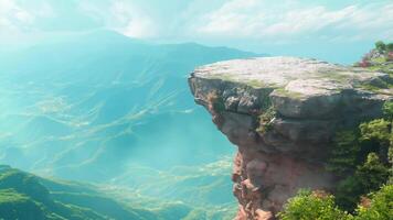 Edge of a mountain with rock on top, cliff and valley below realistic wallpaper motion video