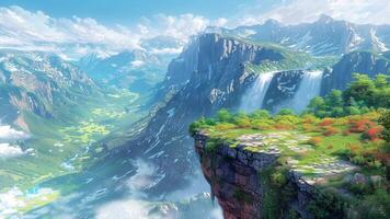 bord de une Montagne avec Roche sur haut, falaise et vallée au dessous de réaliste fond d'écran mouvement video