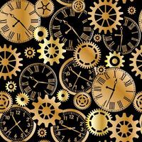 Gold metallic mechanical gears and clocks seamless pattern on black background vector