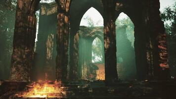 Ruins of an Ancient Monastery at Dawn With Soft Light Filtering Through Trees video