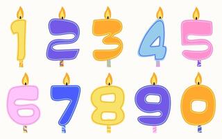 Set of colorful candles in doodle style. Happy Birthday candle numbers for 0-9. Decorative wax candle lights with flames. Element for birthday invitation, greeting card and cake toppers. vector
