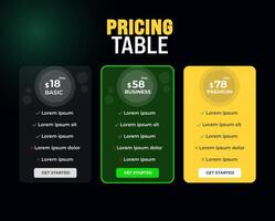 Corporate Pricing plans comparison table. Business product price chart subscription list layout. Features checklist infographic price design vector
