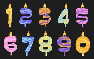 Set of colorful candles in doodle style with scribble textures. Happy Birthday candle numbers. Decorative wax candle lights with flames. Element for birthday invitation, greeting card and cake toppers vector