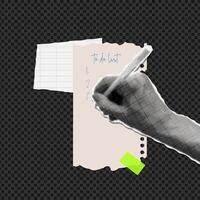 Notebook paper scraps with collage halftone hand holding pen and writing to do list. Sticky tape and different grunge shapes. Welcome back to school elements for posters. vector