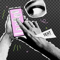 Halftone collage of smartphone hands sending messages by phone. Correspondence on the phone, retro torn out paper elements. illustration. vector