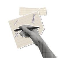Halftone Hand With Pen write a note on a torn out sheet . retro collage concept. Handwriting scribbles vector