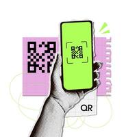 Trendy retro halftone collage of a hand with a phone scanning QR-code. 90s grunge style illustration. Torn out paper stickers vector