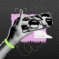 Grungy Halftone collage with hand holding a phone with many mouths on screen. Social media concept with torn out paper elements and doodles. illustration vector