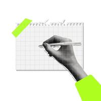 Vintage halftone collage of hand with pen. Writing on a notepad sheet, diary list. illustration of planning, business, finance, banking, business presentation, marketing material. vector