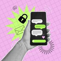 Dotted Halftone collage of hand holding smartphone with messages on the screen, web banner on bright neon background. Secure messenger concept. Grunge illustration. vector