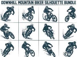 Downhill mountain biker silhouette bundle, Silhouette of a biker. Downhill mountain biking. Bicycle background with silhouette of downhill riders in mountain. vector