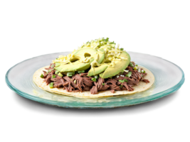 Shredded Beef Tacos with slow cooked beef avocado and cotija cheese served on a transparent png