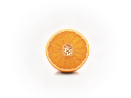 Smiling orange with a surprised expression sliced in half with juicy segments flying apart dramatic png