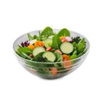 A refreshing and light salad in a deep, clear glass bowl, featuring a mix of fresh greens, vegetables, png