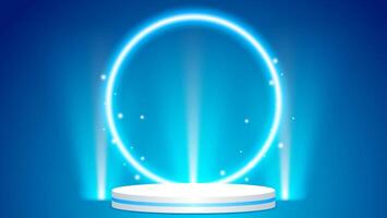 3d white podium on blue background with neon light and particles vector