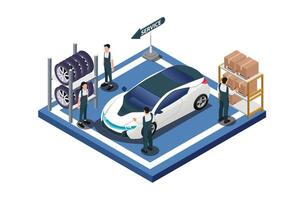 isometric illustration of a super car carrying out routine servicing with 4 workers sharing tasks, Suitable for Diagrams, Infographics and Other Graphic assets vector