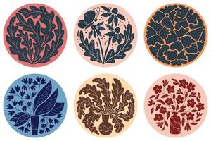 Vintage set of psychedelic abstract contrast floral compositions in round shapes. Flat illustrations with floral bunches vector