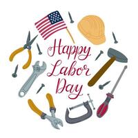 Tools and US flag with calligraphic lettering vector