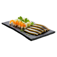Smoked eel thinly sliced and served with a side of pickled vegetables and wasabi Culinary png