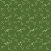 A seamless pattern of coconut, umbrella, and straw hat on a Green background in a flat shape Summer Beach concept, for prints, fabric, wrapping, textile vector
