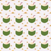 A seamless pattern of coconut, umbrella, and straw hat on a Gray background in a flat shape Summer Beach concept, for prints, fabric, wrapping, textile vector