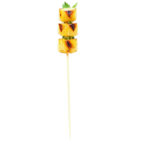 Grilled pineapple and scallop skewers with a lime butter sauce and cilantro on clear skewers png